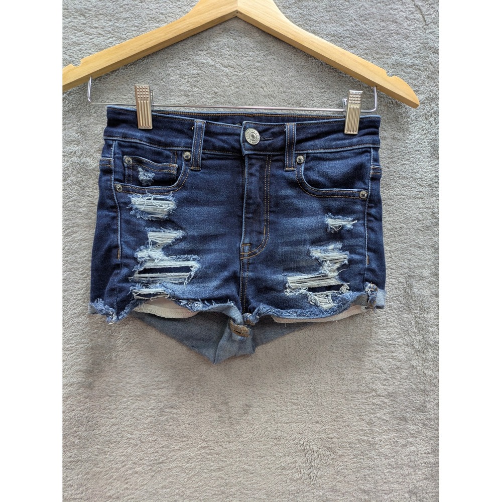 American Eagle Hi Rise Shortie 00 Distressed Denim Exposed Pockets Y2K